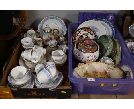 Two boxes of tea sets, B &amp; K floral dish and other ceramics