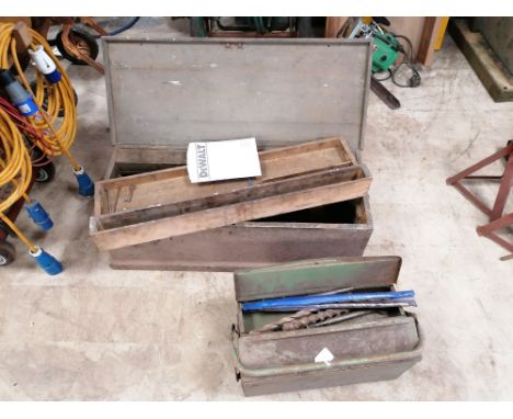 A rectangular wooden tool chest with fitted interior together with a metal tool chest with contents  