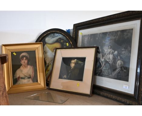 Four miscellaneous prints to include a French print of ladies  