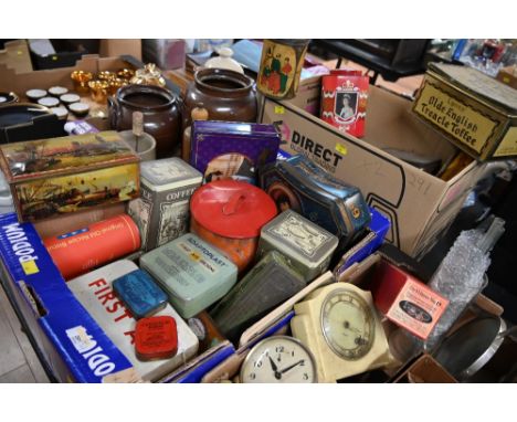 Two boxes of vintage tins to include a Dainty Dinah tin 
