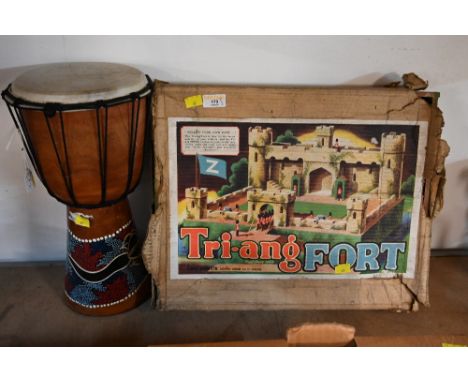 Vintage Triang fort with box and an ethnic drum
