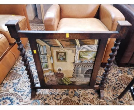 Oak framed needlework fire screen, 68 cm high, 68 cm wide