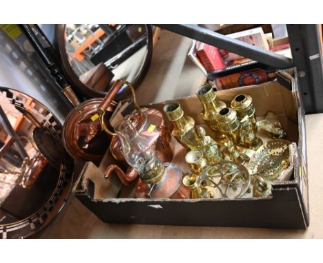 Box of copper and brassware, copper oil lamp, large copper and brass kettle, warming pan etc