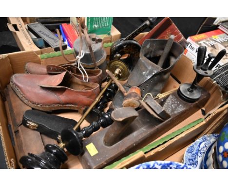 A box of vintage clogs, wooden planing tool, etc. 
