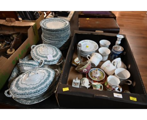 A box of English Garden pattern tea cups and saucers, oriental bowls and quantity of blue and white dinnerware 