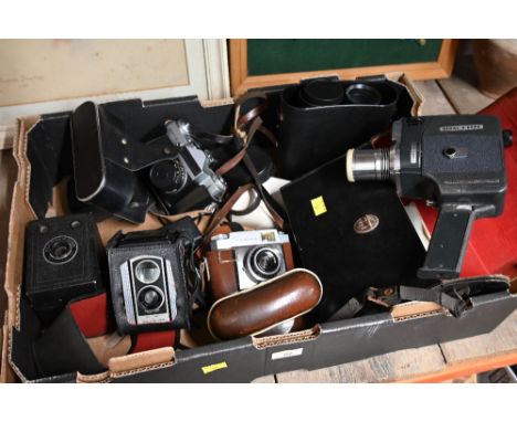 Box of vintage cameras and binoculars, cased pair of Prismatic binoculars, Brownie camera and Zeiss Ikon Contina camera