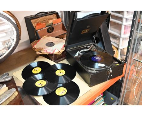 Vintage HMV gramophone with records