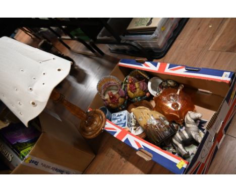 A box of Carnival glass, wooden lamp (withdrawn), hen planters, etc.