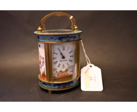A French enamelled carriage clock with painted dial and key  