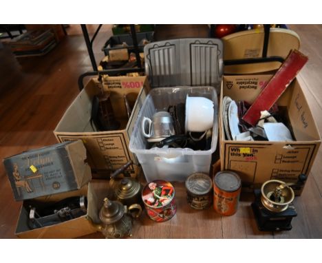 Three boxes of decorative metalware, kitchenware to include kettles and iron  and decorative plates to include a boxed vintag