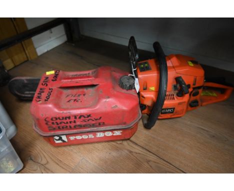 A BMC chainsaw and petrol can 