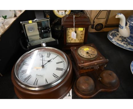A vintage Westminster wall clock, a quartz mantle clock, another clock and a Sankyo cine camera 