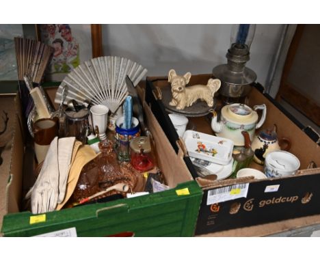 Two boxes of glassware and ceramics - Sylvac dog, oil lamp, coloured glass dressing table set etc