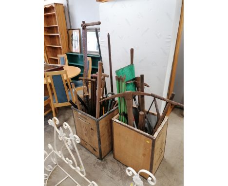 A quantity of garden tools, draining rods, two handled saw and pick axe (both t-chests are not included) 