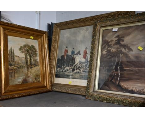 A gilt framed hunting scene print together with two other pictures 