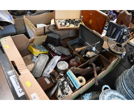 A box of vintage cased chess set, wooden novelties and a Blackburn Savings Bank home safe 