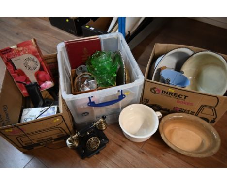 Three boxes of coloured glassware, Morphy Richards hairdryer, vintage telephone and kitchenware 