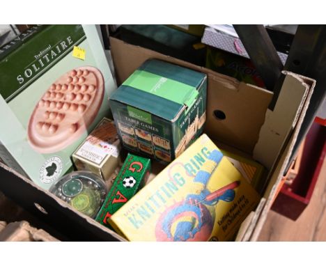 Box of games, to include Solitaire, Spears Knitting Ring and wooden cribbage board.