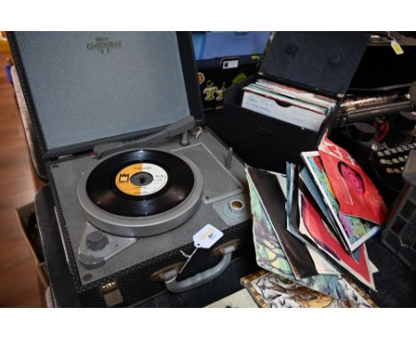 A vintage Portogram gramophone, Grease Lightening record and a case of records to include Erasure