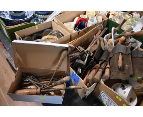 Two boxes and a tub of vintage tools to include planes
