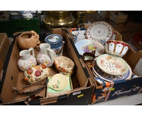 Two boxes of mixed ceramics to include Sylvac shell decorated planters, Carltonware, a lustre ware jug and decorative plates 