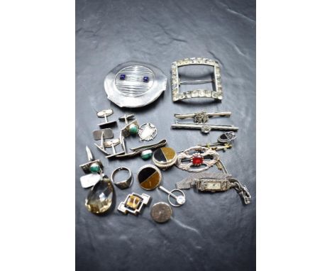 A selection of white metal and silver jewellery including cufflinks, tie slide, Charles Horner pendant (missing most of ename