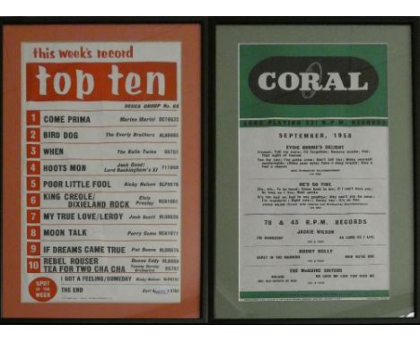 A framed Decca Group No. 68 'Top Ten' poster, dated 1958, 'Come Prima' by Marino Marini at number one, together with a framed