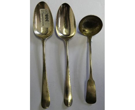 A pair of George I silver fancy back table spoons London 1721 by T. E and a Victorian Scottish 'fiddle pattern' toddy ladle G