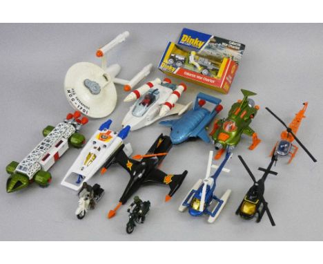 Dinky/Corgi - eight galactic themed die-cast models, c.1970's, comprising; Dinky No. 106 Thunderbird 2, No. 351 UFO Intercept