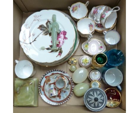 Two boxes of miscellaneous china and glass, including six rose painted D&amp;C plates from Limoges, figurines, Wedgwood, Onyx