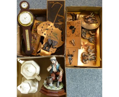 Two boxes of South African copper wall hangings together with Capodimonte figure, Royal Winton tea and coffee pots, barometer