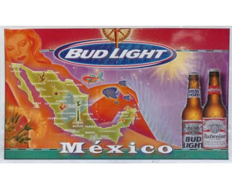 *A Mexican Budweiser 'Bud Light' enamel and tin advertising sign, dated 1998, measures 155 x 91cm.