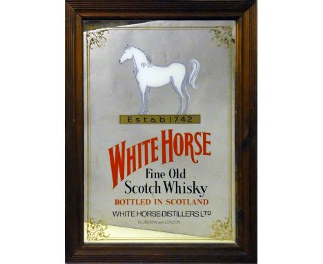 A large mirrored pub advertising sign for 'White Horse Fine Old Scotch Whisky', measures 69 x 94cm.
