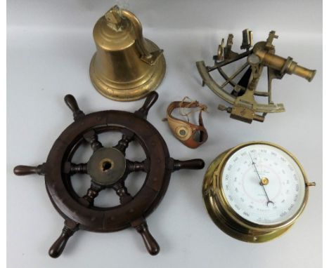 A small boat mahogany steering wheel, 40cm diameter, together with a reproduction brass sextant Henry Barrow of London, a rep