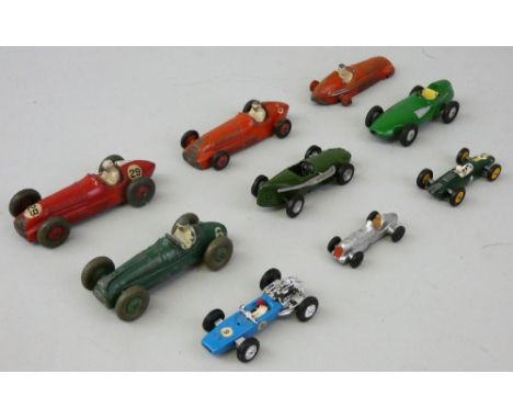 Various Makers - nine vintage unboxed and playworn die-cast racing cars comprising; Dinky No. 23F Alfa-Romeo (x3, one lacking