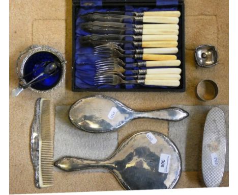 A silver hand mirror and brush Chester 1916, a silver napkin ring Sheffield 1933 and other silver and plated wares