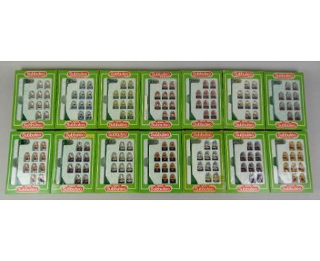 Fourteen complete Subbuteo table soccer '00' scale player teams from the 1980's, to include; Juventus, Monaco, Milan, Bradfor