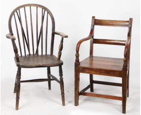 A 19th Century ladder back armchair, with arched and turned arms, solid seat, on square tapering legs, together with a spindl