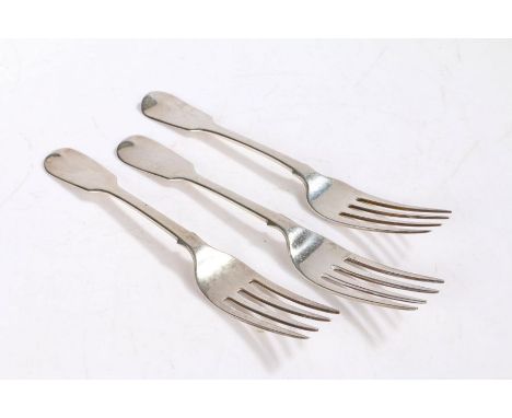 A pair of Victorian silver table forks, London 1844, maker John &amp; Henry Lias, with fiddle pattern handles, together with 