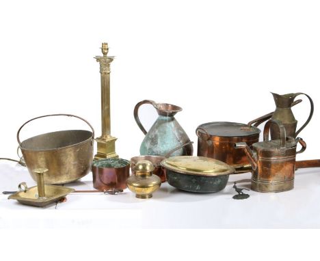 Mixed brass and copper, to include four preserve pans, watering can, table lamp, jugs, saucepans, French bayonet AF etc., (qt