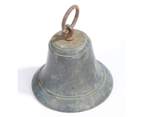 **TO BE TAKEN TO STOWMARKET 19/07/23** A World War II brass bell, the loop finial above shoulder stamped "A.S. 1942", with mi