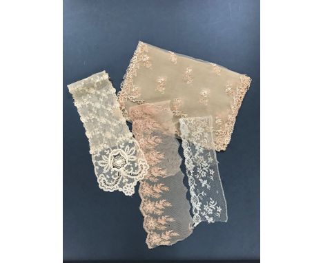 Beautiful 19th Century Silk Gauze Scarf with Flower Embroidery, Corded Edging, 27cm wide x 152cm and Trio of Late 19th Centur