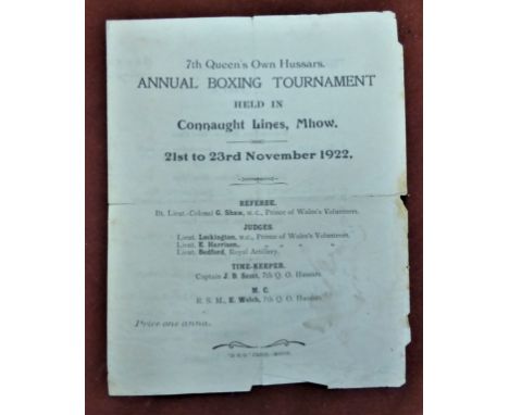 British 7th Queen's Own Hussars. Annual Boxing Tournament (Held in Connaught Lines, Mhow.) 21st to 23rd November 1922. A prog