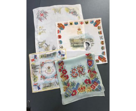 Group of 4 vintage hankies and small scarf. Coronation, London and commonwealth commemorative.1 x ‘ER’ silk crepe georgette s
