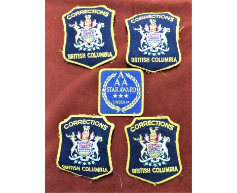 Canadian Corrections Officers Cloth Arm Patches (British Columbia) and an AAA Star Award patch for under 14's. (5 patches tot