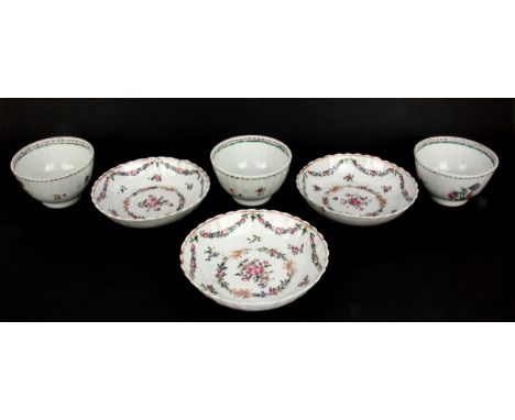 Three 18th century English soft-paste porcelain tea bowls and saucers. (A/F)