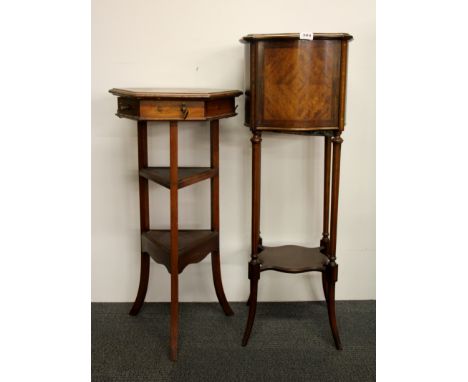 A 19th Century Tunbridge ware inlaid mixed wood plant stand with a mahogany hexagonal topped table, H. 100cm.