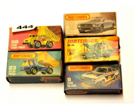 Five Matchbox superfast die cast model vehicles