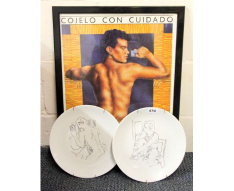 Two homoerotic hand painted plates, Dia. 27cm and a framed print.