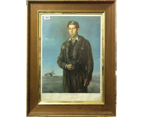 A framed signed print of His Royal Highness the Prince of Wales as a young pilot signed by the artist John Hughes Hallett (Br